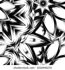 Seamless floral background. Tracery handmade nature ethnic fabric backdrop pattern with saturated dark flowers. Textile design texture. Decorative binary monochrome black and white art. Vector