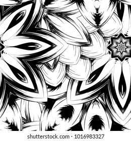 Seamless floral background. Tracery handmade nature ethnic fabric backdrop pattern with saturated dark flowers. Textile design texture. Decorative binary monochrome black and white art. Vector