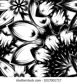 Seamless floral background. Tracery handmade nature ethnic fabric backdrop pattern with saturated dark flowers. Textile design texture. Decorative binary monochrome black and white art. Vector