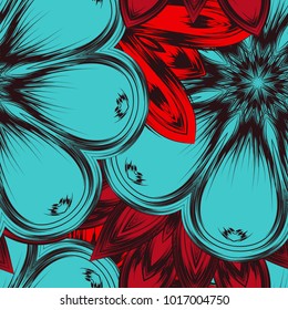 Seamless floral background. Tracery handmade nature ethnic fabric backdrop pattern with flowers. Textile design texture. Decorative color art. Vector