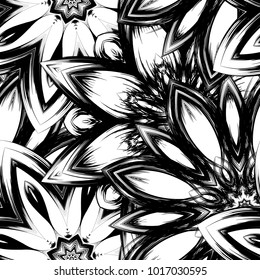 Seamless floral background. Tracery handmade nature ethnic fabric backdrop pattern with saturated dark flowers. Textile design texture. Decorative binary monochrome black and white art. Vector
