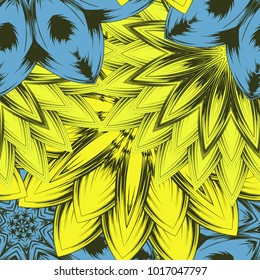 Seamless floral background. Tracery handmade nature ethnic fabric backdrop pattern with flowers. Textile design texture. Decorative color art. Vector