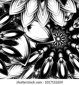 Seamless floral background. Tracery handmade nature ethnic fabric backdrop pattern with saturated dark flowers. Textile design texture. Decorative binary monochrome black and white art. Vector