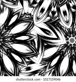 Seamless floral background. Tracery handmade nature ethnic fabric backdrop pattern with saturated dark flowers. Textile design texture. Decorative binary monochrome black and white art. Vector