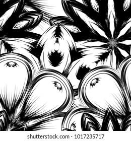 Seamless floral background. Tracery handmade nature ethnic fabric backdrop pattern with saturated dark flowers. Textile design texture. Decorative binary monochrome black and white art. Vector