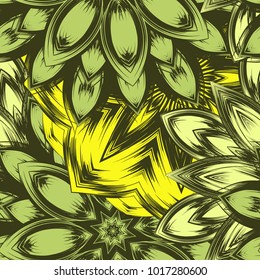 Seamless floral background. Tracery handmade nature ethnic fabric backdrop pattern with flowers. Textile design texture. Decorative color art. Vector