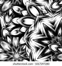 Seamless floral background. Tracery handmade nature ethnic fabric backdrop pattern with saturated dark flowers. Textile design texture. Decorative binary monochrome black and white art. Vector