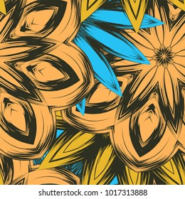 Seamless floral background. Tracery handmade nature ethnic fabric backdrop pattern with flowers. Textile design texture. Decorative color art. Vector
