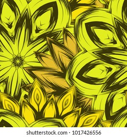 Seamless floral background. Tracery handmade nature ethnic fabric backdrop pattern with flowers. Textile design texture. Decorative color art. Vector