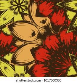 Seamless floral background. Tracery handmade nature ethnic fabric backdrop pattern with flowers. Textile design texture. Decorative color art. Vector