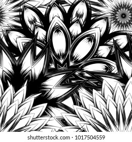 Seamless floral background. Tracery handmade nature ethnic fabric backdrop pattern with saturated dark flowers. Textile design texture. Decorative binary monochrome black and white art. Vector