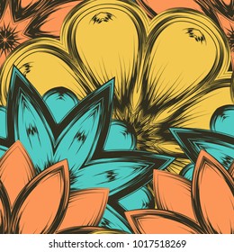 Seamless floral background. Tracery handmade nature ethnic fabric backdrop pattern with flowers. Textile design texture. Decorative color art. Vector