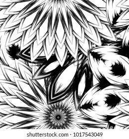 Seamless floral background. Tracery handmade nature ethnic fabric backdrop pattern with saturated dark flowers. Textile design texture. Decorative binary monochrome black and white art. Vector