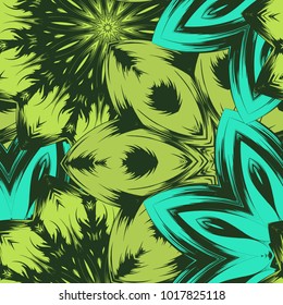Seamless floral background. Tracery handmade nature ethnic fabric backdrop pattern with flowers. Textile design texture. Decorative color art. Vector