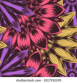 Seamless floral background. Tracery handmade nature ethnic fabric backdrop pattern with flowers. Textile design texture. Decorative color art. Vector