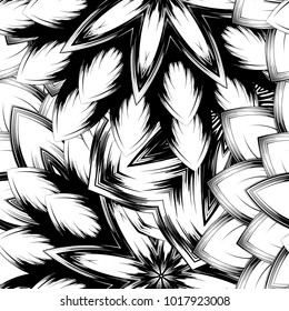 Seamless floral background. Tracery handmade nature ethnic fabric backdrop pattern with saturated dark flowers. Textile design texture. Decorative binary monochrome black and white art. Vector