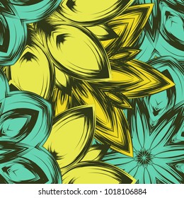 Seamless floral background. Tracery handmade nature ethnic fabric backdrop pattern with flowers. Textile design texture. Decorative color art. Vector