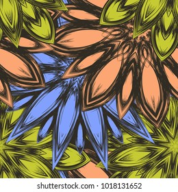 Seamless floral background. Tracery handmade nature ethnic fabric backdrop pattern with flowers. Textile design texture. Decorative color art. Vector