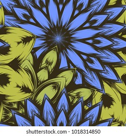 Seamless floral background. Tracery handmade nature ethnic fabric backdrop pattern with flowers. Textile design texture. Decorative color art. Vector