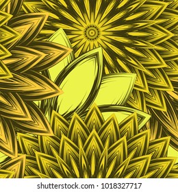 Seamless floral background. Tracery handmade nature ethnic fabric backdrop pattern with flowers. Textile design texture. Decorative color art. Vector