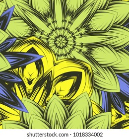 Seamless floral background. Tracery handmade nature ethnic fabric backdrop pattern with flowers. Textile design texture. Decorative color art. Vector