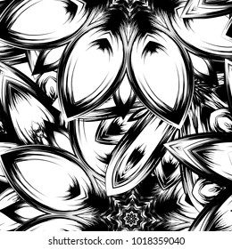 Seamless floral background. Tracery handmade nature ethnic fabric backdrop pattern with saturated dark flowers. Textile design texture. Decorative binary monochrome black and white art. Vector