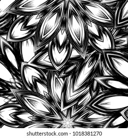 Seamless floral background. Tracery handmade nature ethnic fabric backdrop pattern with saturated dark flowers. Textile design texture. Decorative binary monochrome black and white art. Vector