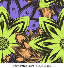 Seamless floral background. Tracery handmade nature ethnic fabric backdrop pattern with flowers. Textile design texture. Decorative color art. Vector