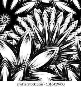 Seamless floral background. Tracery handmade nature ethnic fabric backdrop pattern with saturated dark flowers. Textile design texture. Decorative binary monochrome black and white art. Vector