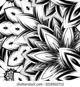 Seamless floral background. Tracery handmade nature ethnic fabric backdrop pattern with saturated dark flowers. Textile design texture. Decorative binary monochrome black and white art. Vector