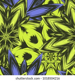 Seamless floral background. Tracery handmade nature ethnic fabric backdrop pattern with flowers. Textile design texture. Decorative color art. Vector