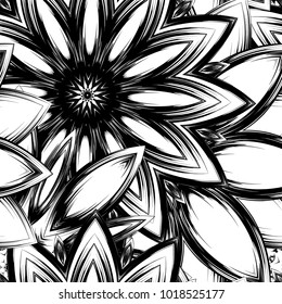 Seamless floral background. Tracery handmade nature ethnic fabric backdrop pattern with saturated dark flowers. Textile design texture. Decorative binary monochrome black and white art. Vector