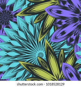Seamless floral background. Tracery handmade nature ethnic fabric backdrop pattern with flowers. Textile design texture. Decorative color art. Vector