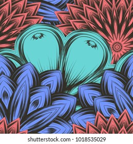 Seamless floral background. Tracery handmade nature ethnic fabric backdrop pattern with flowers. Textile design texture. Decorative color art. Vector