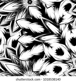 Seamless floral background. Tracery handmade nature ethnic fabric backdrop pattern with saturated dark flowers. Textile design texture. Decorative binary monochrome black and white art. Vector