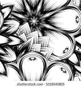 Seamless floral background. Tracery handmade nature ethnic fabric backdrop pattern with saturated dark flowers. Textile design texture. Decorative binary monochrome black and white art. Vector