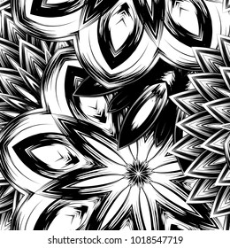 Seamless floral background. Tracery handmade nature ethnic fabric backdrop pattern with saturated dark flowers. Textile design texture. Decorative binary monochrome black and white art. Vector