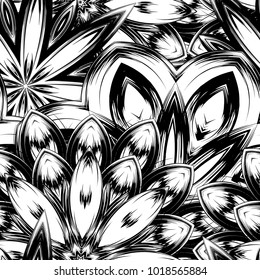 Seamless floral background. Tracery handmade nature ethnic fabric backdrop pattern with saturated dark flowers. Textile design texture. Decorative binary monochrome black and white art. Vector
