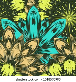 Seamless floral background. Tracery handmade nature ethnic fabric backdrop pattern with flowers. Textile design texture. Decorative color art. Vector
