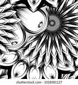 Seamless floral background. Tracery handmade nature ethnic fabric backdrop pattern with saturated dark flowers. Textile design texture. Decorative binary monochrome black and white art. Vector