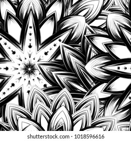 Seamless floral background. Tracery handmade nature ethnic fabric backdrop pattern with saturated dark flowers. Textile design texture. Decorative binary monochrome black and white art. Vector
