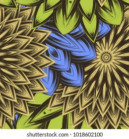 Seamless floral background. Tracery handmade nature ethnic fabric backdrop pattern with flowers. Textile design texture. Decorative color art. Vector