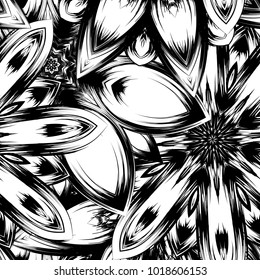 Seamless floral background. Tracery handmade nature ethnic fabric backdrop pattern with saturated dark flowers. Textile design texture. Decorative binary monochrome black and white art. Vector