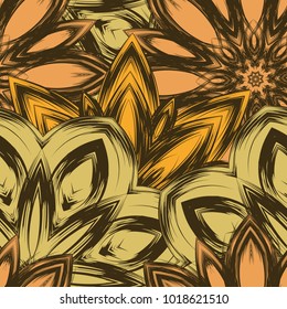 Seamless floral background. Tracery handmade nature ethnic fabric backdrop pattern with flowers. Textile design texture. Decorative color art. Vector