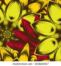 Seamless floral background. Tracery handmade nature ethnic fabric backdrop pattern with flowers. Textile design texture. Decorative color art. Vector