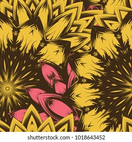 Seamless floral background. Tracery handmade nature ethnic fabric backdrop pattern with flowers. Textile design texture. Decorative color art. Vector