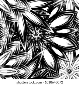 Seamless floral background. Tracery handmade nature ethnic fabric backdrop pattern with saturated dark flowers. Textile design texture. Decorative binary monochrome black and white art. Vector