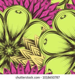 Seamless floral background. Tracery handmade nature ethnic fabric backdrop pattern with flowers. Textile design texture. Decorative color art. Vector