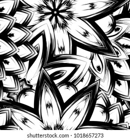 Seamless floral background. Tracery handmade nature ethnic fabric backdrop pattern with saturated dark flowers. Textile design texture. Decorative binary monochrome black and white art. Vector
