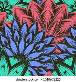 Seamless floral background. Tracery handmade nature ethnic fabric backdrop pattern with flowers. Textile design texture. Decorative color art. Vector